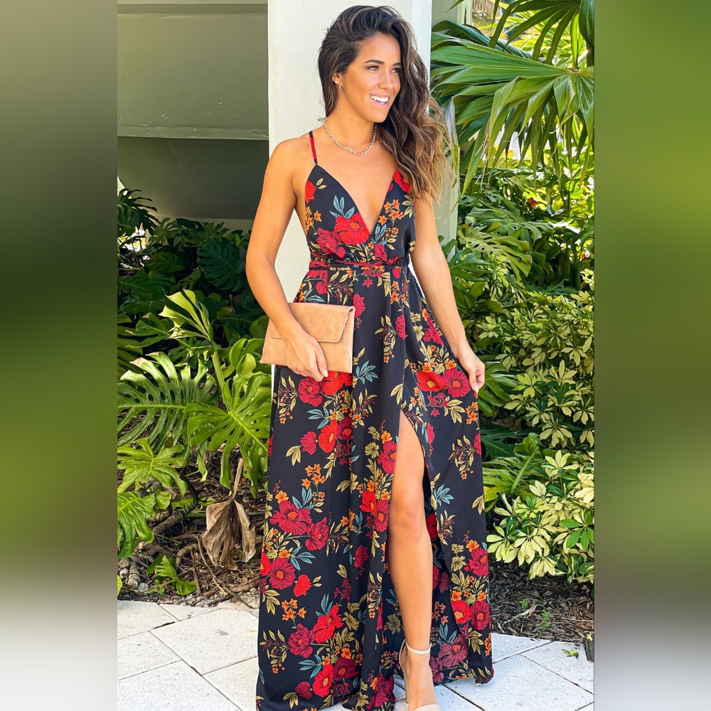 Saved By The Dress - Black & Red Floral Maxi w/ Slit